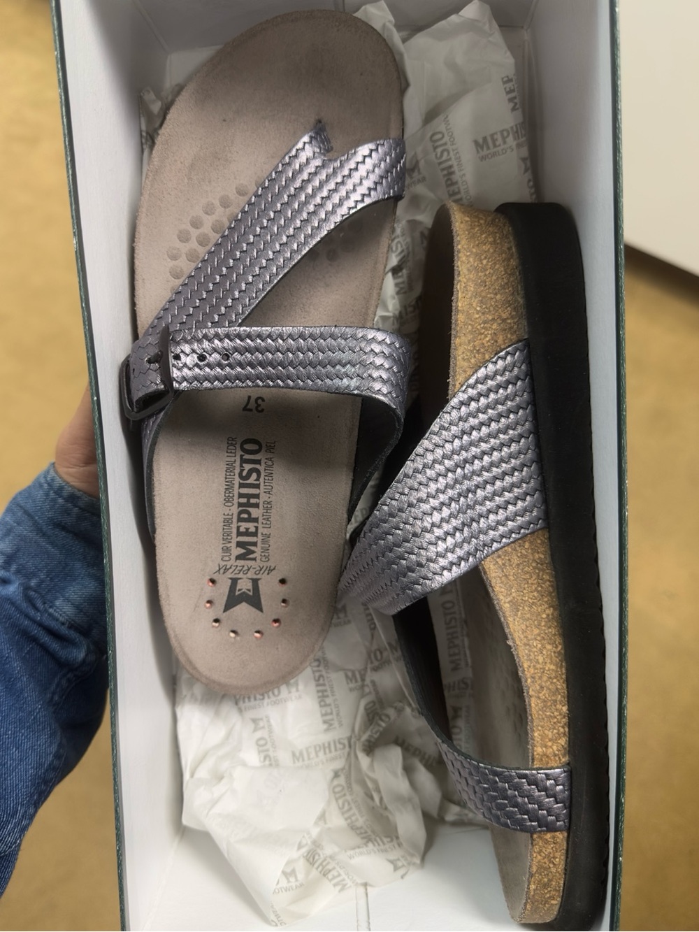 Mephisto Women's Metallic Silver Woven Strap Slide Sandals